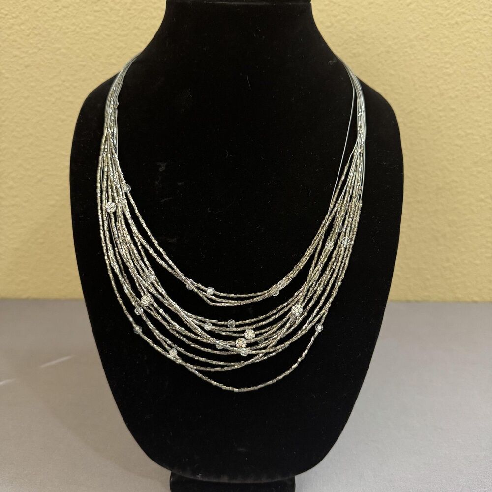 Chicos Necklace Silver Tone Beaded Rhinestone Statement 26 In Womens Jewelry